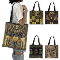 【jw】☽❒  Egypt Pharaoh Anubis Shoulder Tote Shopper Egyptian Hieroglyphs and Symbols Print Shopping Handbag