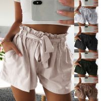 Beach Casual Shorts Front Shorts Sashes Cotton Tie Fashion Ruffle Waist Mid Summer Women With Shorts Female Solid Ladies Loose