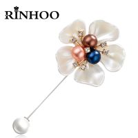 Rinhoo Imitation Pearls Flower Brooches Women Elegant Fashion Rhinestone Camellia White Flower Petal Lapel Pins Wedding Jewelry