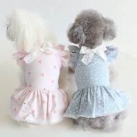 Pink Blue Colors Dog Dresses with Small Bow Decor Pet Clothes for Spring and Summer Cotton Floral Printing Summer Dogs Skirt Dresses