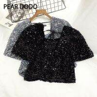 PEAR DODO เสื้อยืดแขนสั้นสำหรับผู้หญิงเนคไทสี่เหลี่ยมประดับเลื่อมสไตล์เกาหลี