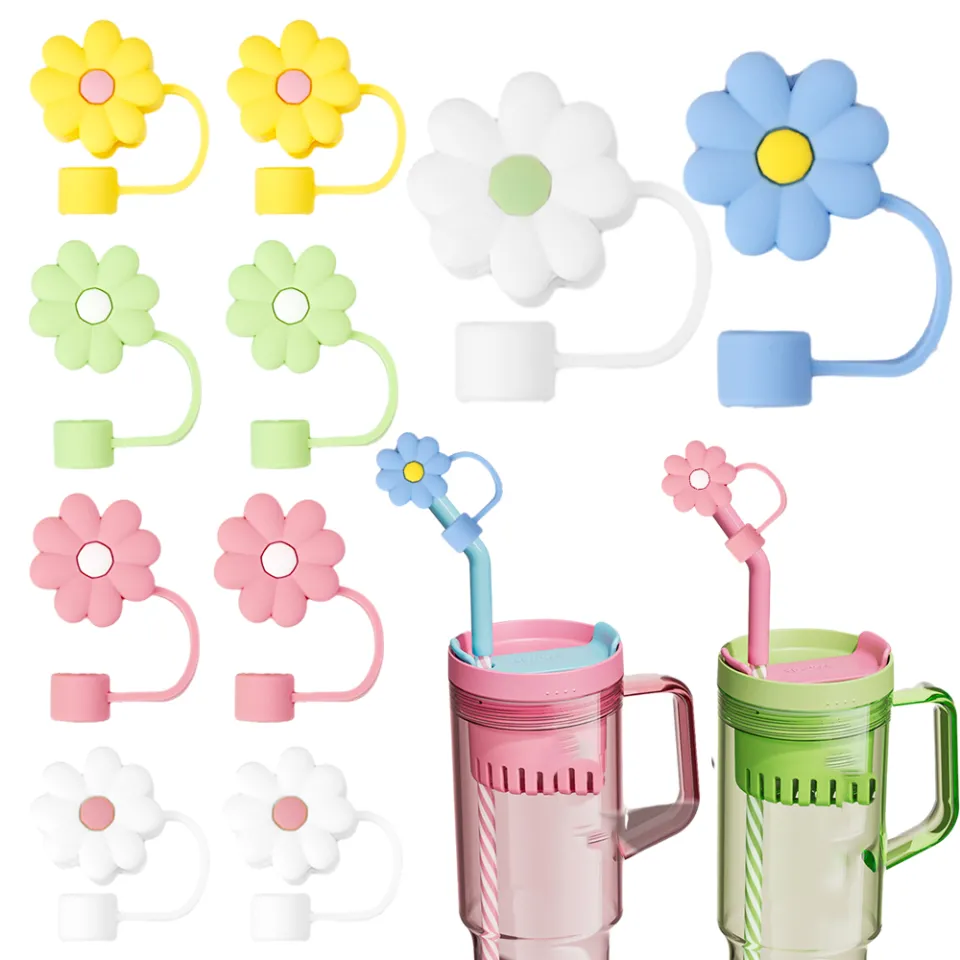 5pcs Anti Dust Straw Cover Cap Daisy Cute Silicone Straw Topper