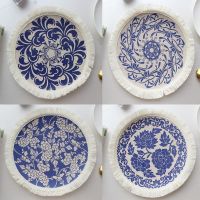 【CW】❈◘  blue and white porcelain round Printed place mat pad tassels placemat cup coaster doily kitchen