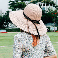 New Summer female straw bow sun block casual hats leisure holiday beach folding outing sunshade glacierhat laciness large brim