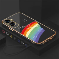 เคสสำหรับ Honor โทรศัพท์90 5G 90 Lite 5G ฟรีสายคล้องยิ้มคนรักสายรุ้งลายหัวใจคนรักขอบสี่เหลี่ยมเคสโทรศัพท์ชุบหรูหราเคสโทรศัพท์นิ่ม