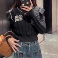 White Black Autumn 2023 New High-End Knitted miu miuˉRuffle Sleeve Hollow-out Long Sleeve round Neck Pullover All-Matching Sweater