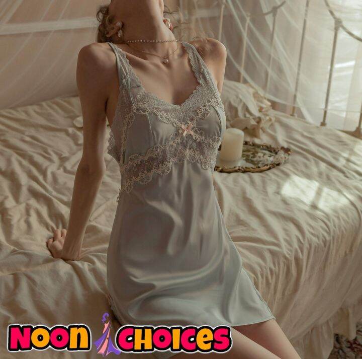 ส่งเร็วพิเศษ-noon-choices-ชุดนอน-ชุดนอนผ้าซาติน-ปักลายลูกไม้สีขาว-nc-716