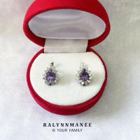 Q6408 ต่างหูพลอยอเมทิสต์แท้ ( Amethyst ) แบบอิงลิชล็อค ตัวเรือนเงินแท้ 925 ชุบทองคำขาว