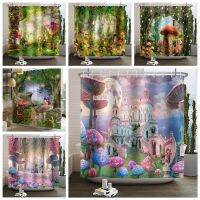 Psychedelic Mushroom Shower Curtain Magical Creative Fantasy Forest Castle Bathroom Waterproof Fabric Shower Curtain With Hooks