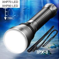 XHP90 LED IPX8 XHP70กันน้ำลึก100เมตร,ไฟฉายดำน้ำดำน้ำใต้น้ำโคมไฟตั้งแคมป์ Lanterna โดยใช้แบตเตอรี่26650