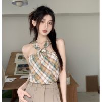 Summer temperament Hong Kong style slimming scarf sleeveless tops outerwear small retro plaid halter spaghetti straps vest for women