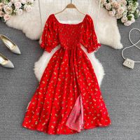 【HOT】❡ YuooMuoo 2023 New Floral Print Puff Sleeve Elastic Waist Vestidos Vacation Robe