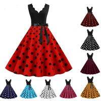 【HOT】✈❈♨ Womens Dresses 2023 Robe Pinup 50s 60s Rockabilly V-Neck Dot Print Vestido S-3XL