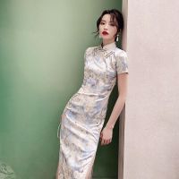 【CW】 2022 Blue Cheongsam Retro Slim Summer Chinese Style Women Dress Floral Fashion Long Qipao S To 2XL