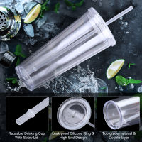 Reusable Drinking Cup Straw Cup With Lid Double-layer Plastic Tumbler Transparent Tea Fruit Coffee Mugs DIY Outdoor Sport Bottle