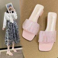 【AZAZ】∋☁ Net yarn transparent sandals new female 2023 square thick with fairy wind high wear outside with a cool word slippers