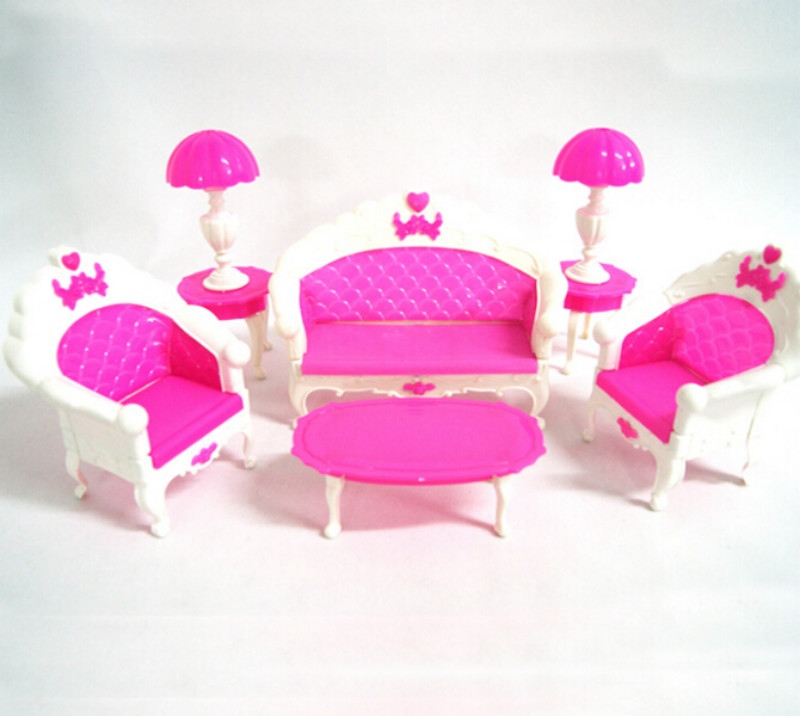 lot  plastic vintage sofa couch desk lamp Furniture for barbie doll 6 items 