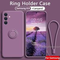 เคสโทรศัพท์ซิลิโคนกำมะหยี่นุ่มลายลูกอม A54 A34สำหรับ Samsung Galaxy A14 5G ฝาหลังแม่เหล็กกันกระแทกพร้อมห่วงตั้งตัวยึดตัวจับเคสกันกระแทกโซ่