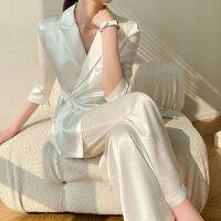 COD DSGERTRYTYIIO Imitated silk tri-acetate satin suit suit 2021 new spring and summer thin high-end suit wide-leg pants two-piece suit [s仿真丝三醋酸缎面西装套装2021新品春夏薄款高端西服阔腿裤两件套【15天内发货】fhw199.sg07.19