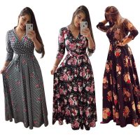 【HOT】✠✴﹉ Floral Print V Neck Pleated Female Dresses Vestidos Robe S-5Xl