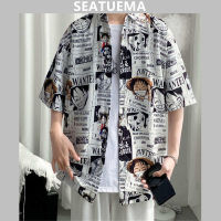 SEATUEMA เสื้อเชิ้ตลายการ์ตูนลูฟี่ของผู้ชาย,เสื้อดีไซน์แบบหลวมแขนสั้นสไตล์ญี่ปุ่นสำหรับฤดูร้อน