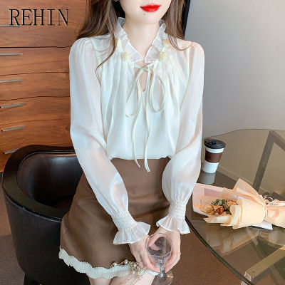 REHIN เสื้อผู้หญิง2023แขนยาวย้อนยุคย้อนยุคฝรั่งเศส,เสื้อลูกไม้หนักคอลูกไม้มาใหม่ล่าสุดฤดูใบไม้ร่วง