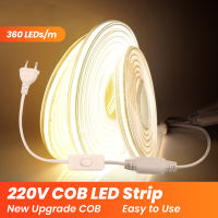 220V COB Led Strip Light With Switch Power Plug 360LEDm Super Bright Waterproof CRI 90 Linear Lighting Flexible LED Ribbon