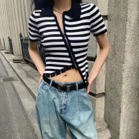 ↂ▣ﺴ Summer Knitted Cardigan Women Slim Asymmetric Skew Zipper Stripe Polo Neck Shirt Thin Top