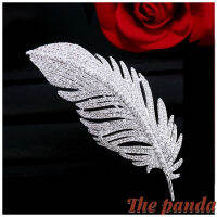 The Panda High Quality 18K White Gold Plated Full Micro Pave CZ Diamond Feather Shape Brooch Pin Women Costume Party Clothes Jewelry (With 40-45 cm Adjustable Chain) BP006