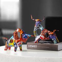 Colorful Cattle Animal Ox Statue Home Decor Living Room Bull Sculpture TV Cabinet Ornament Crafts Abstract Figurine