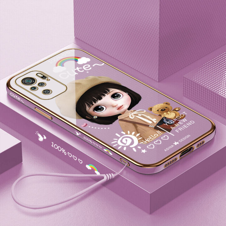 คลังสินค้าพร้อม-เคสเคสมือถือสำหรับ-xiaomi-redmi-note-10-4g-note-10s-พร้อมฟรีสายคล้อง-สาวน่ารักการ์ตูนเคสขอบสี่เหลี่ยมชุบฝาหลังนิ่ม