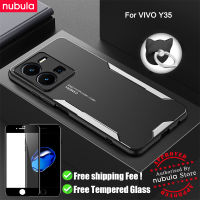 NUBULA สำหรับ VIVO Y35 2022 (6.58 ") ปลอกโลหะอลูมิเนียมเคลือบกลับกรณีป้องกันรอยขีดข่วนเปลือกโทรศัพท์มือถือ Vivo Y35ปกผู้ถือแหวนฟรีกระจกนิรภัยป้องกันหน้าจอสำหรับ Vivo Y35