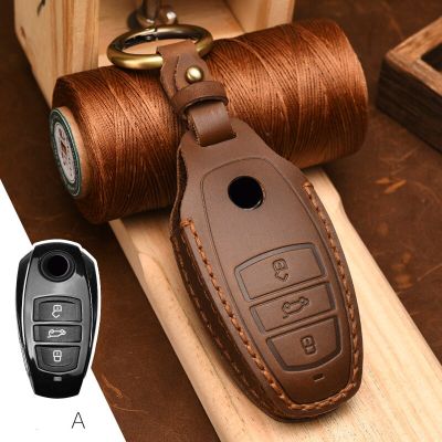 Leather Car Key Case Cover For Volkswagen VW Touareg 2021 3 Button Smart New Key Protect Accessories Shell