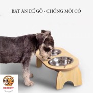 Bát Ăn Đôi Ruột Inox Đế Gỗ Cho Chó Mèo Nghiêng 15 Độ Giúp Chống Gù