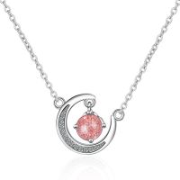 925 Sterling Silver Fashion Aesthetic Exquisite Strawberry Crystal Crescent Moon Female Allergy Pendant Necklace H47