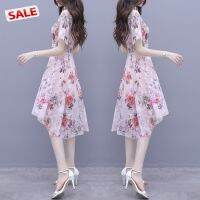 tdg Women  Dress Floral Print Short-sleeve Crew-neck Skirt Irregular Waist-slimming Dress