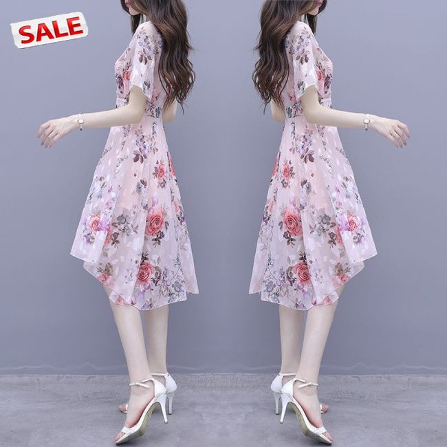 tdg-women-dress-floral-print-short-sleeve-crew-neck-skirt-irregular-waist-slimming-dress