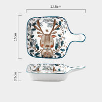 Ceramic Single Bake Pan Rice Soup Bowl 9.5inch Round Plate Christmas Deer Pattern Microwave Oven Salad Bowl