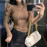 Neploe 2022 Temperament Womens Tops Turtleneck Slim Fit Blouses Heavy Lace Hollow Out Fashion Shirt Korean Elegant Blusas Mujer