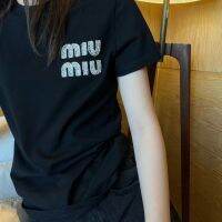 European Fashion Brand 2023 Early Spring New miu miuˉDiamond Letter Decoration Pure Cotton Short Sleeve Round Neck T-shirt for Women