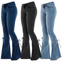 Y2k Denim Flared Jeans Lace Up Pants Mid Waist Trousers Vintage WomenS Slimming Pants Slim Trouser Streetwear For Girls