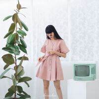 BIRUCHU PERFUME DRESS : Pink Linen ผ้าลินิน สีชมพู มีซับในทั้งตัว, กระดุมหน้า