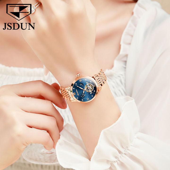 jsdun-ผู้หญิงนาฬิกาหรูอัตโนมัติเดิม-2023-ขายกันน้ำจำนำ-tourbillon-หน้าปัดดวงอาทิตย์ดวงจันทร์ดาวกุหลาบทองนาฬิกา