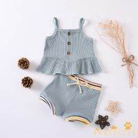 PFT-0-18 Months Baby Girls 2 PCS Outfit Set, Solid Color Sling Ruffle Sling Buttons Drawing Straps Elastic Band Set