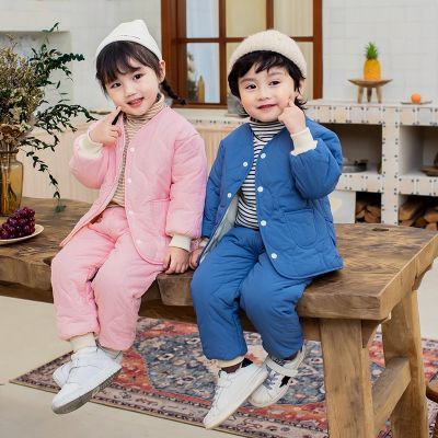 [COD] New style and medium-sized childrens boys girls baby autumn winter girls down padded suit two-piece set plus velvet warm jacket