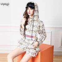 Fashion Early Fall Loose Hooded Jumper + Shorts Printed Suit