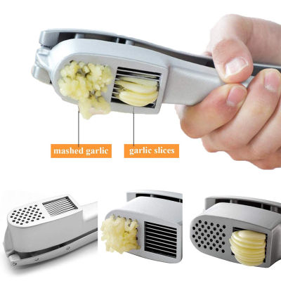 Silver Garlic Press Slicer 2 In 1 Multifunctional Garlic Ginger Squeezer Masher Handheld Ginger Mincer Kitchen Cooking Tool