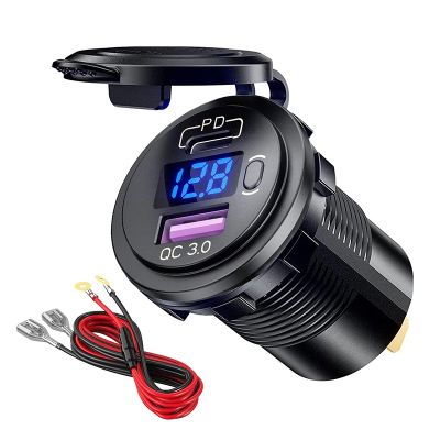 12V/24V Dual USB Outlet PD3.0 QC3.0 USB C Car Fast Charger Socket with Voltmeter Switch for Car Boat Marine Truck Golf Bus RV