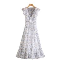 ZZOOI KPYTOMOA Women 2020 Chic Fashion Floral Print Ruffles See Through Midi Dress Vintage Elastic Waist With Lining Female Dresses