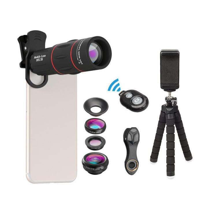 apexel-apl-t18xbzj5-telephoto-4-in-1-cellphone-lens-universal-kit-18x-mobile-phone-telephoto-lens-198-fisheye-lens-0-63x-wide-angle-15x-macro-lens-with-remote-shutter-mini-tripod-phone-holder-for-ipho